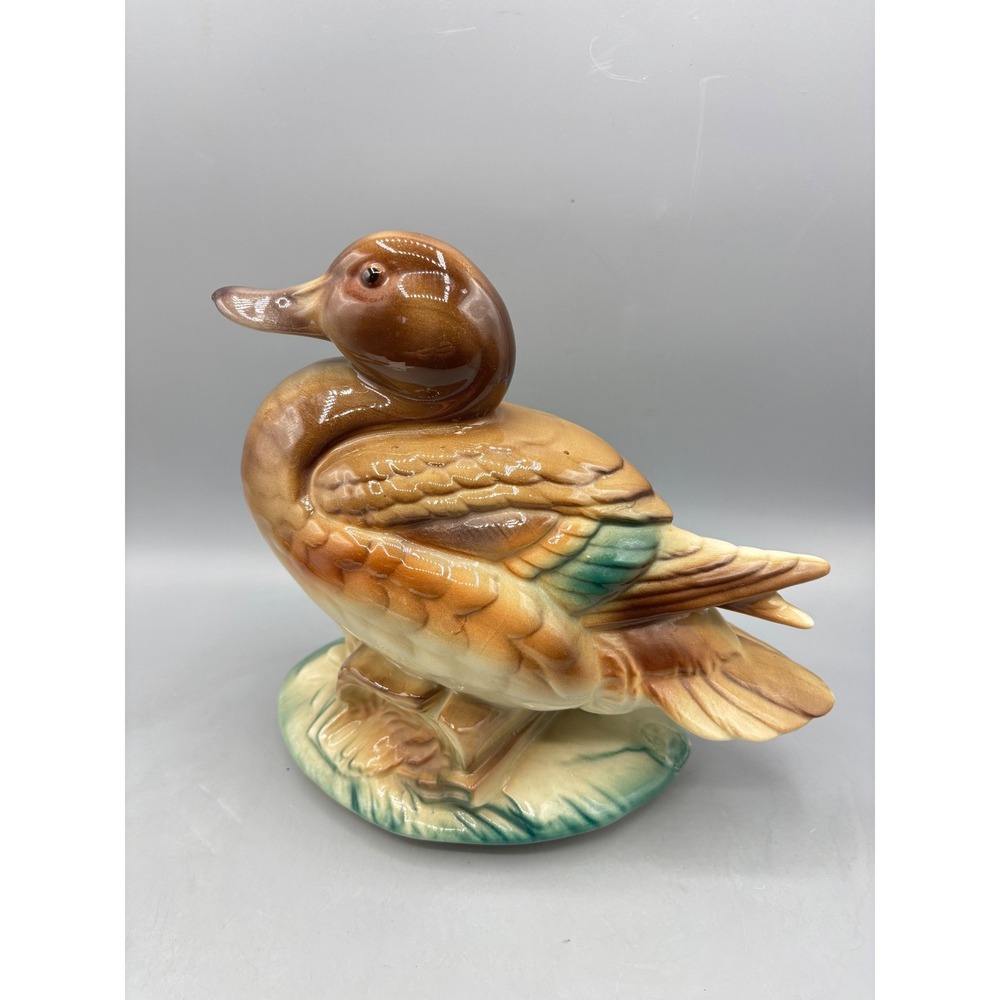 Vintage Ceramic Mallard Duck Figurine Brown Tan‎ Green Glossy Cabin Decor